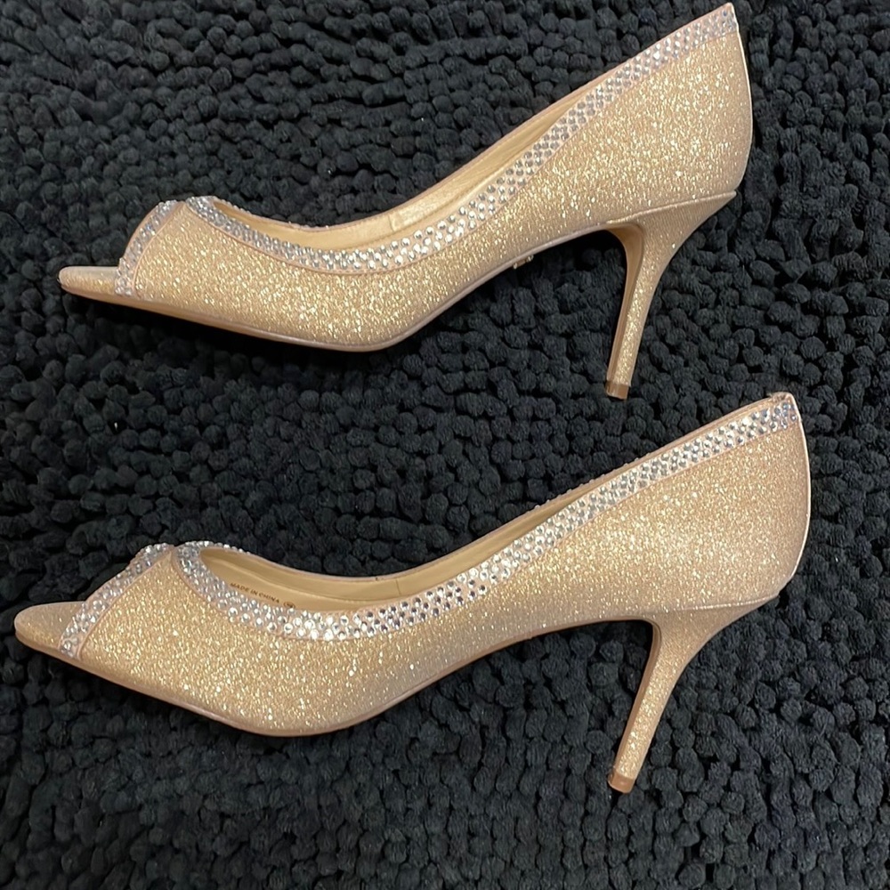 Sparkly Gold Glitter Formal Peep Toe Pumps Trimmed in Rhinestones by Nina